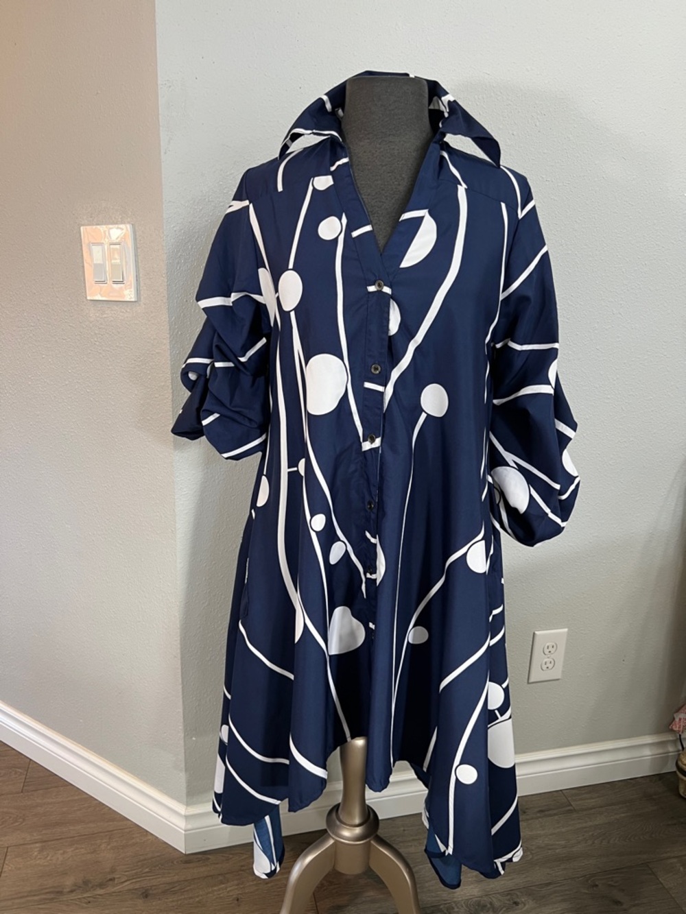 Navy & White Abstract Dot Button-Up Shirt Dress